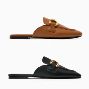 ZA2024 Spring New Product TRF Black Women's Shoes Metal Horseclip Decorative Sandals Flat Bottom Baotou Half Trailer